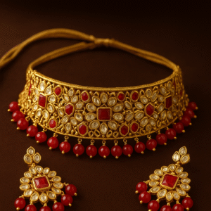 Royal Kundan Choker Necklace Set with Ruby Red Beads